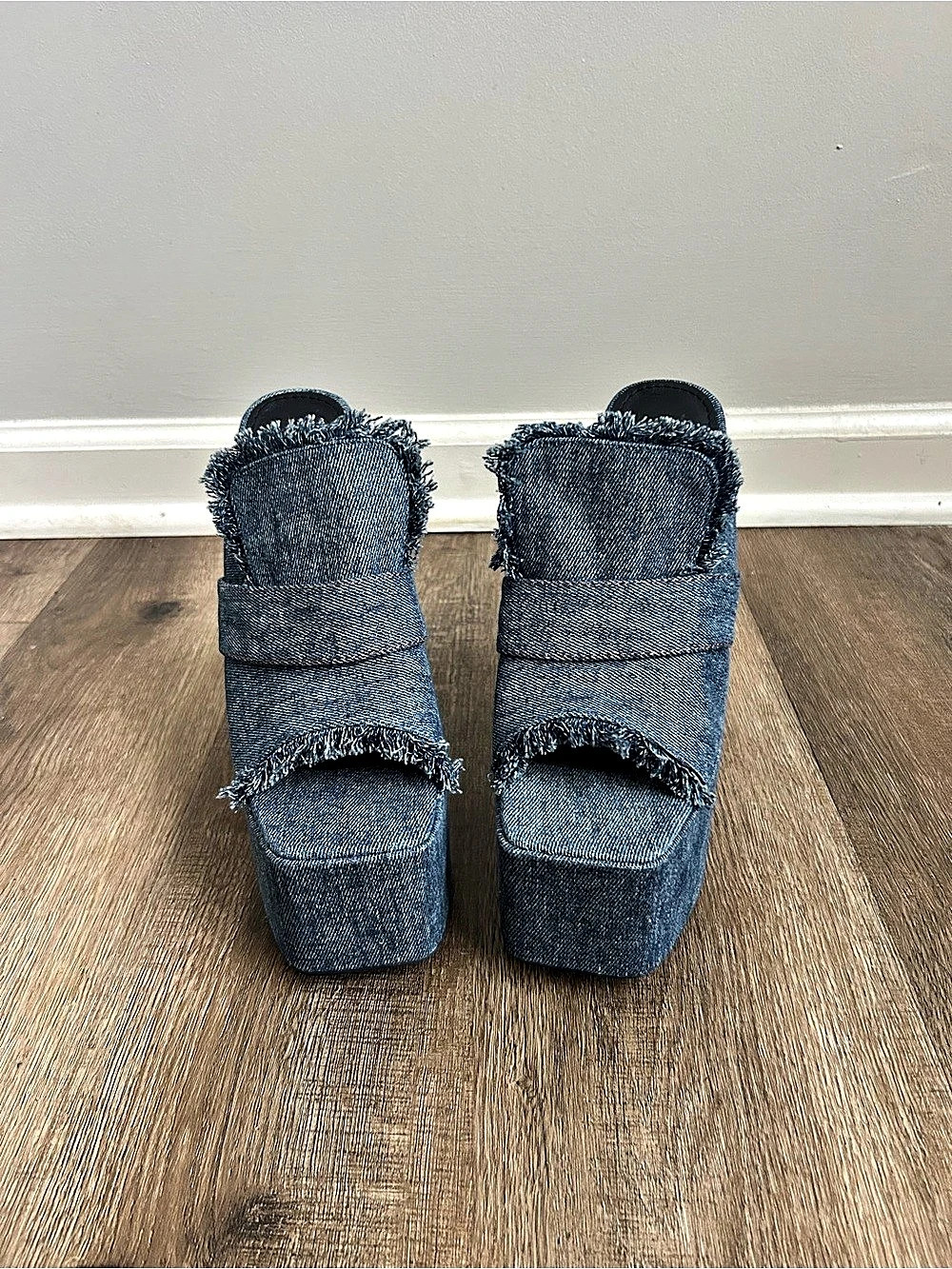 EGO Biteback Frayed Detail Square Peep Toe Platform Block Heel Mule In Dark Blue